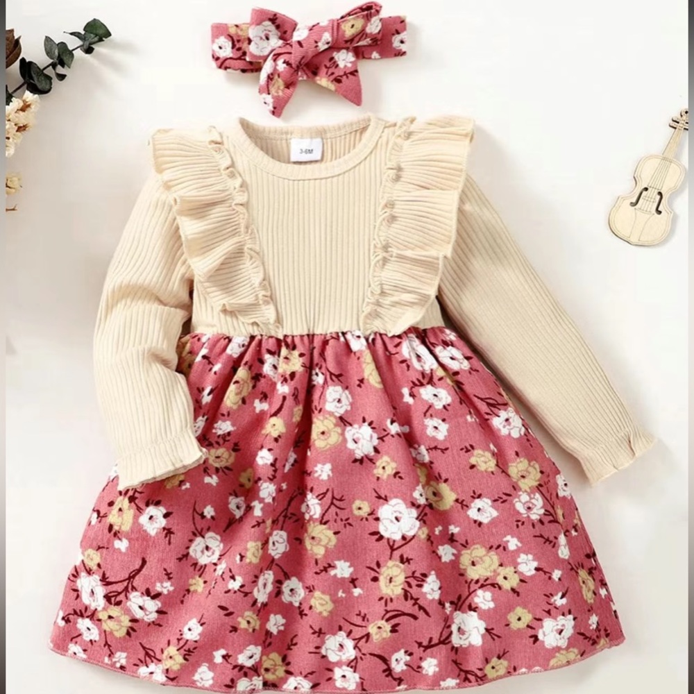 SALE Ruffled Floral Dress with Long Sleeve and Headband - Picture 1 of 3
